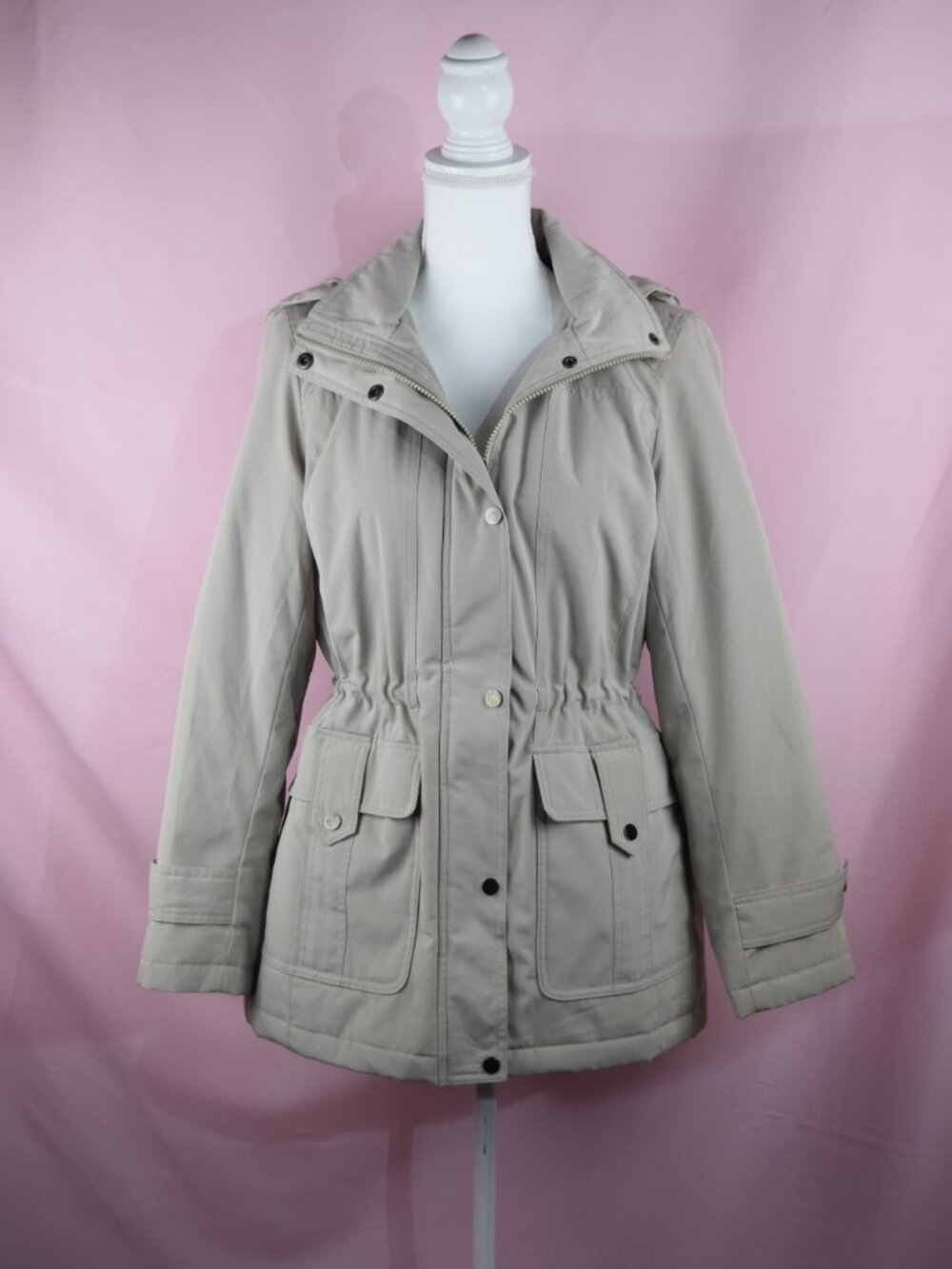 London Fog Beige/Gray Hooded Drawstring Waist Utility Jacket | Size S